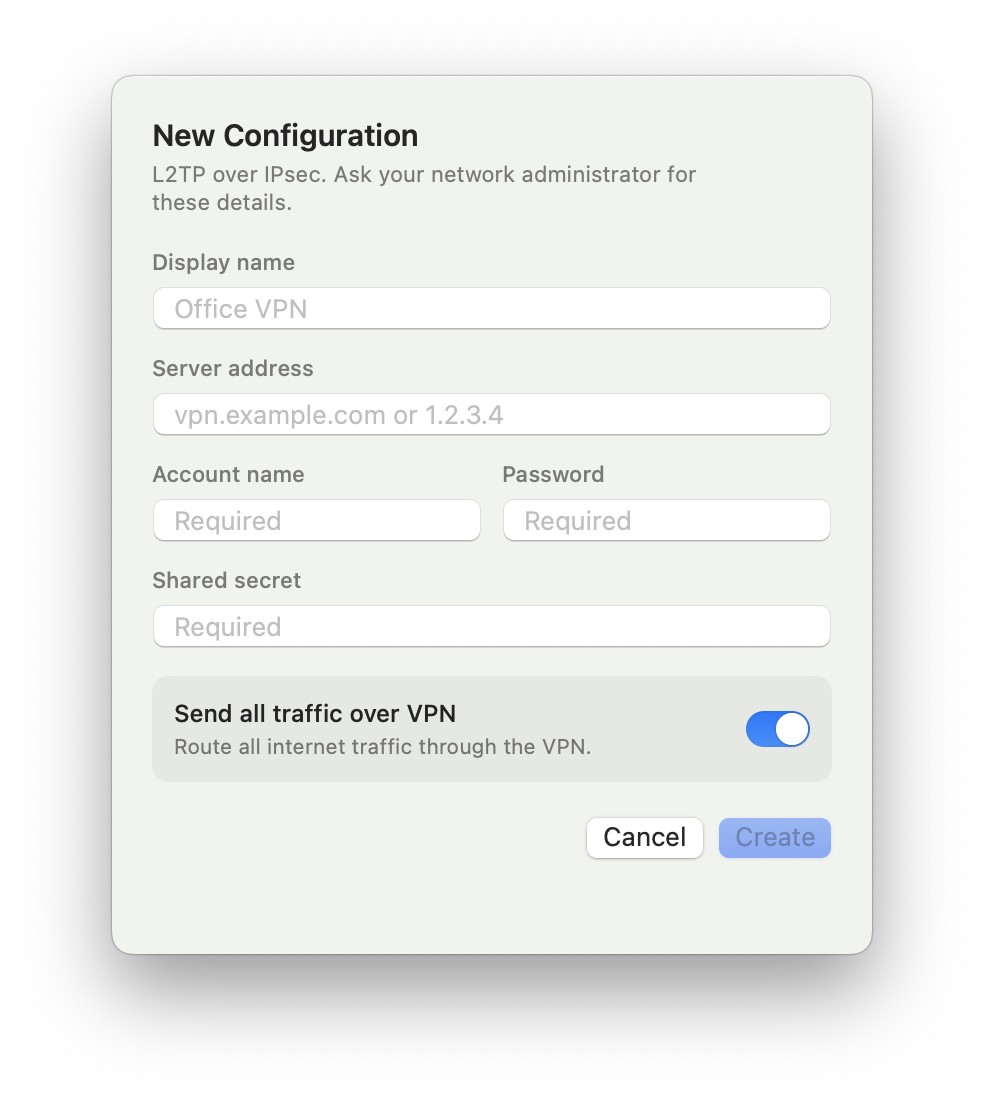 The New Configuration form: display name, server address, account name, password, shared secret and Send all traffic over VPN.