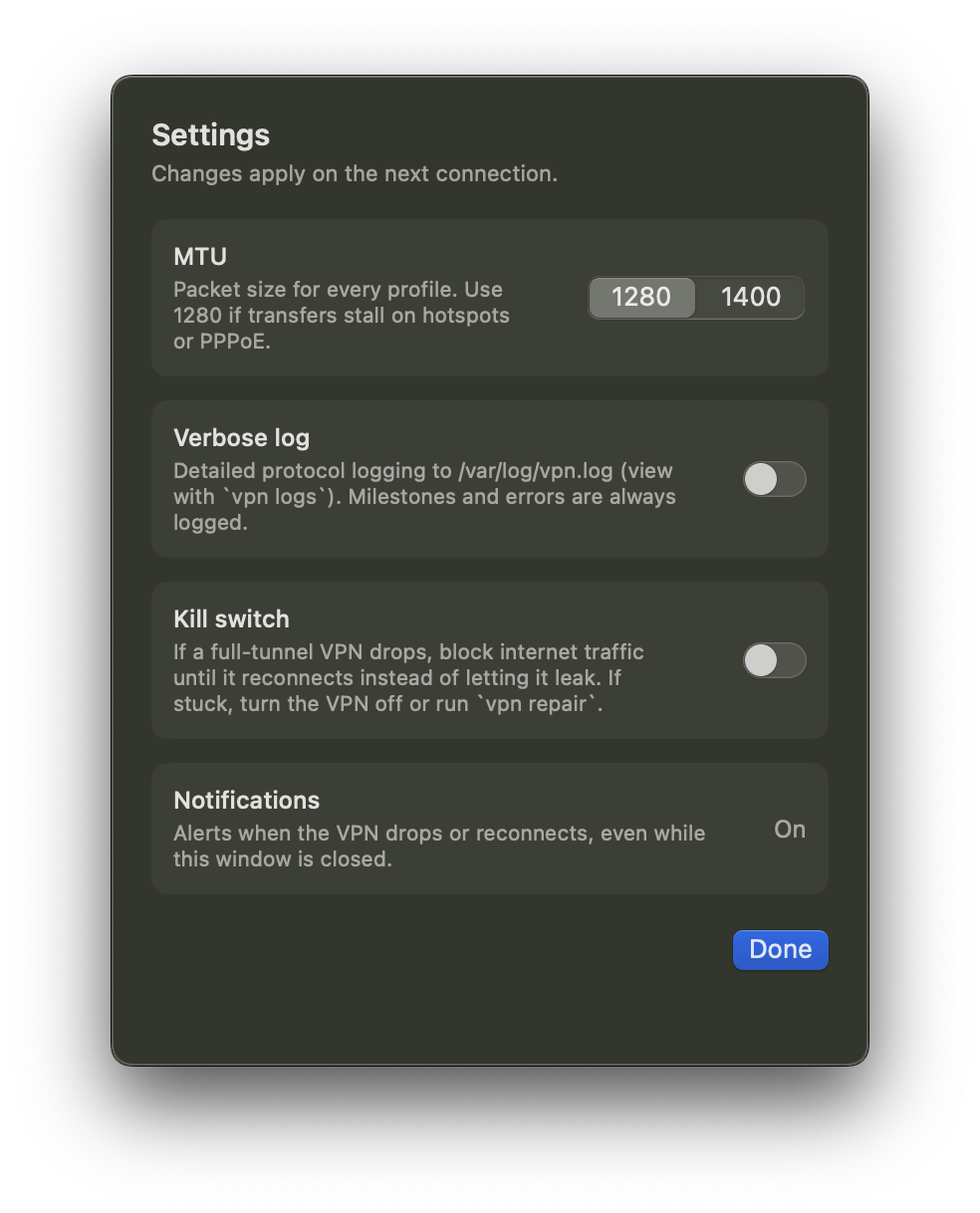 The Settings window in Dark mode, with connection options, Kill switch and Notifications.